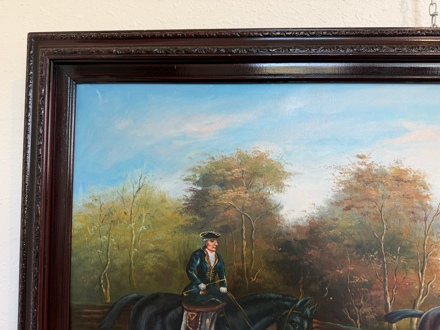 Large Vintage Oil Painting English Fox Hunt Horses Hounds Hunting Scene Art