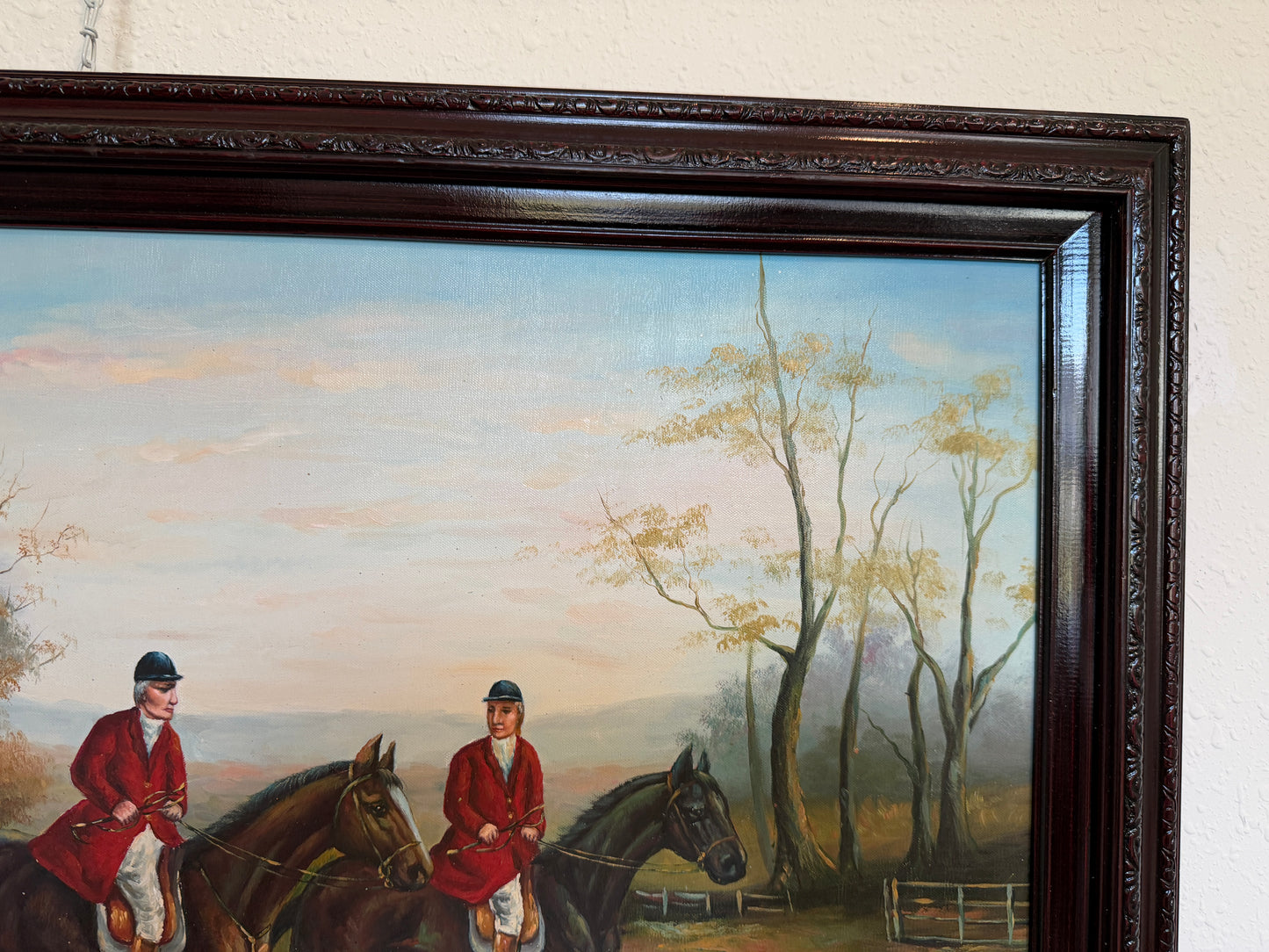 Large Vintage Oil Painting English Fox Hunt Horses Hounds Hunting Scene Art