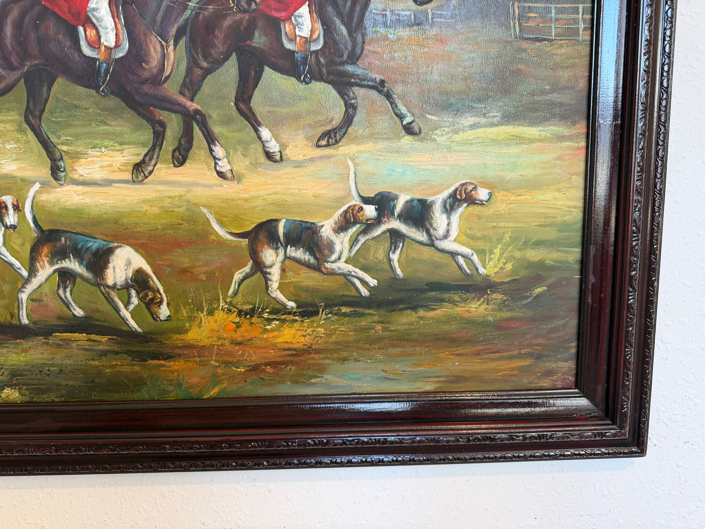 Large Vintage Oil Painting English Fox Hunt Horses Hounds Hunting Scene Art