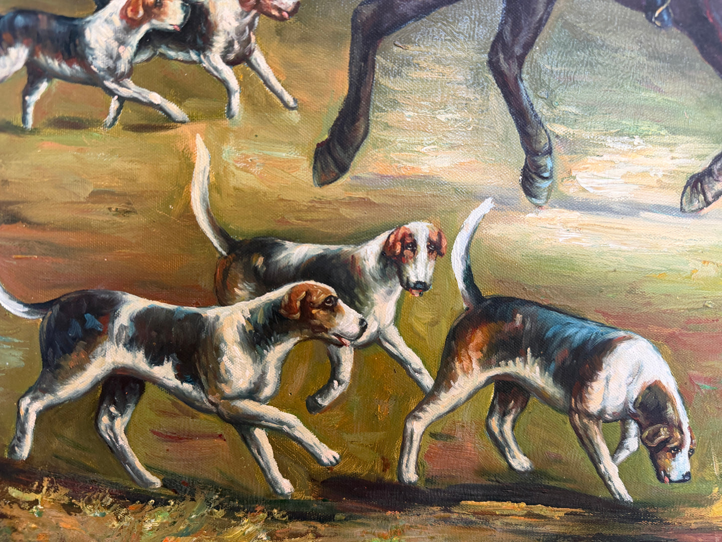 Large Vintage Oil Painting English Fox Hunt Horses Hounds Hunting Scene Art