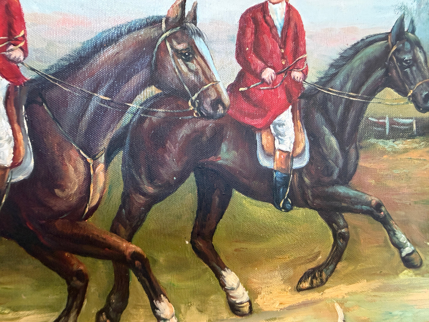 Large Vintage Oil Painting English Fox Hunt Horses Hounds Hunting Scene Art