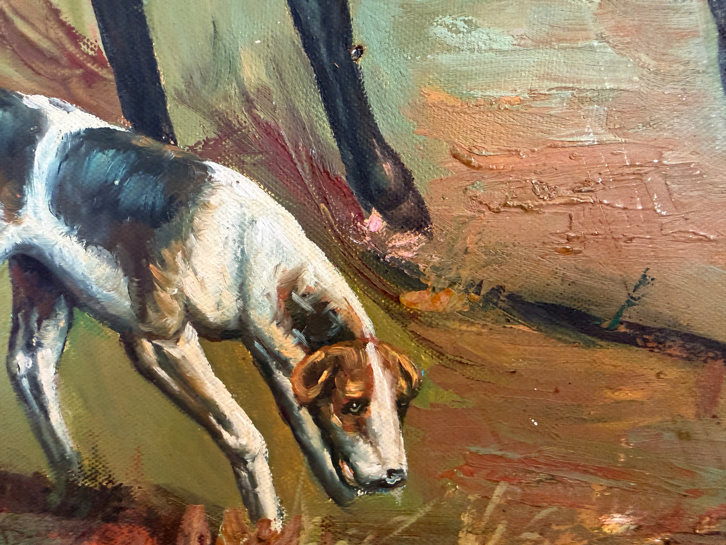 Large Vintage Oil Painting English Fox Hunt Horses Hounds Hunting Scene Art