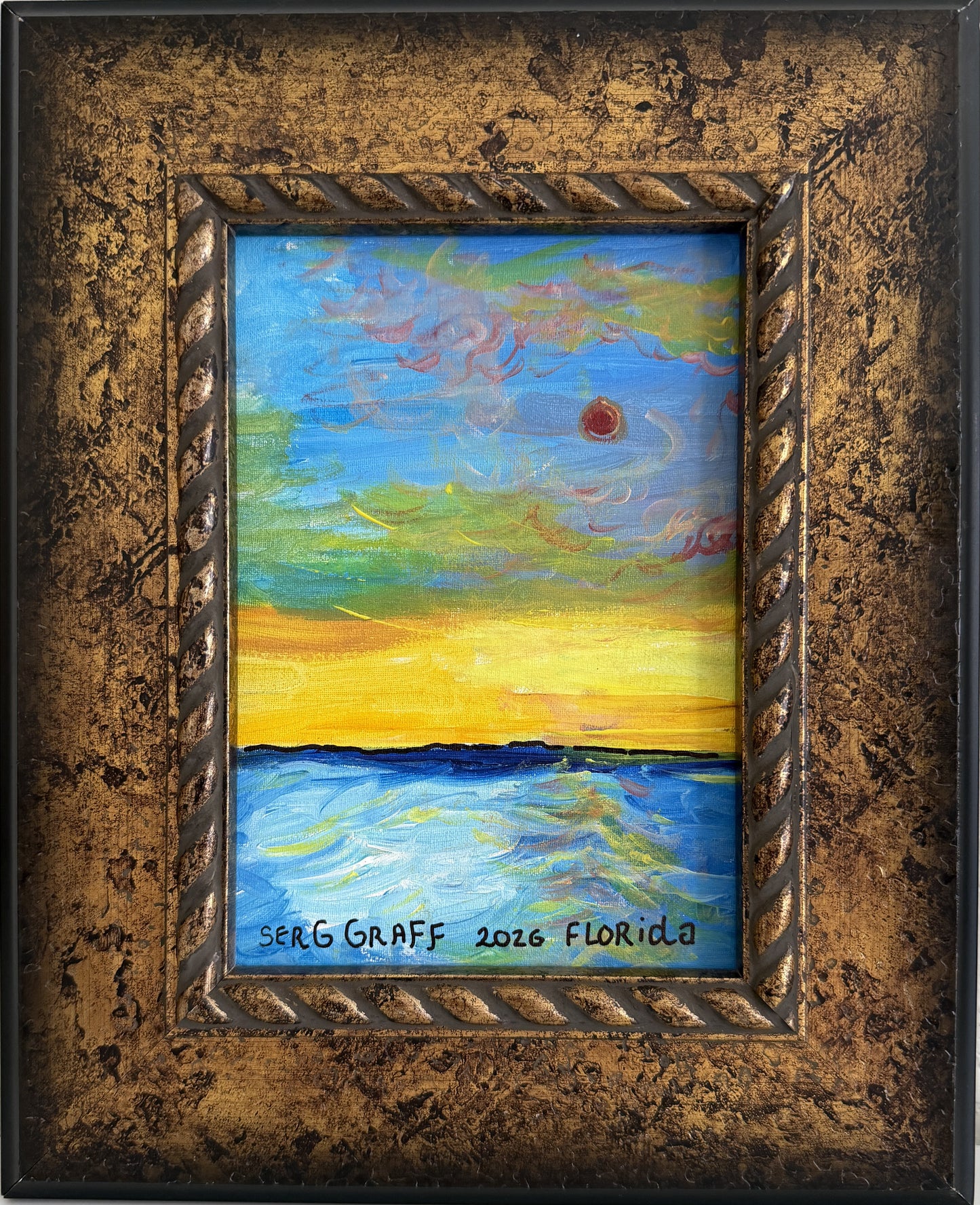 Original Serg Graff Ocean Sunset Acrylic Painting Framed Small Seascape Art