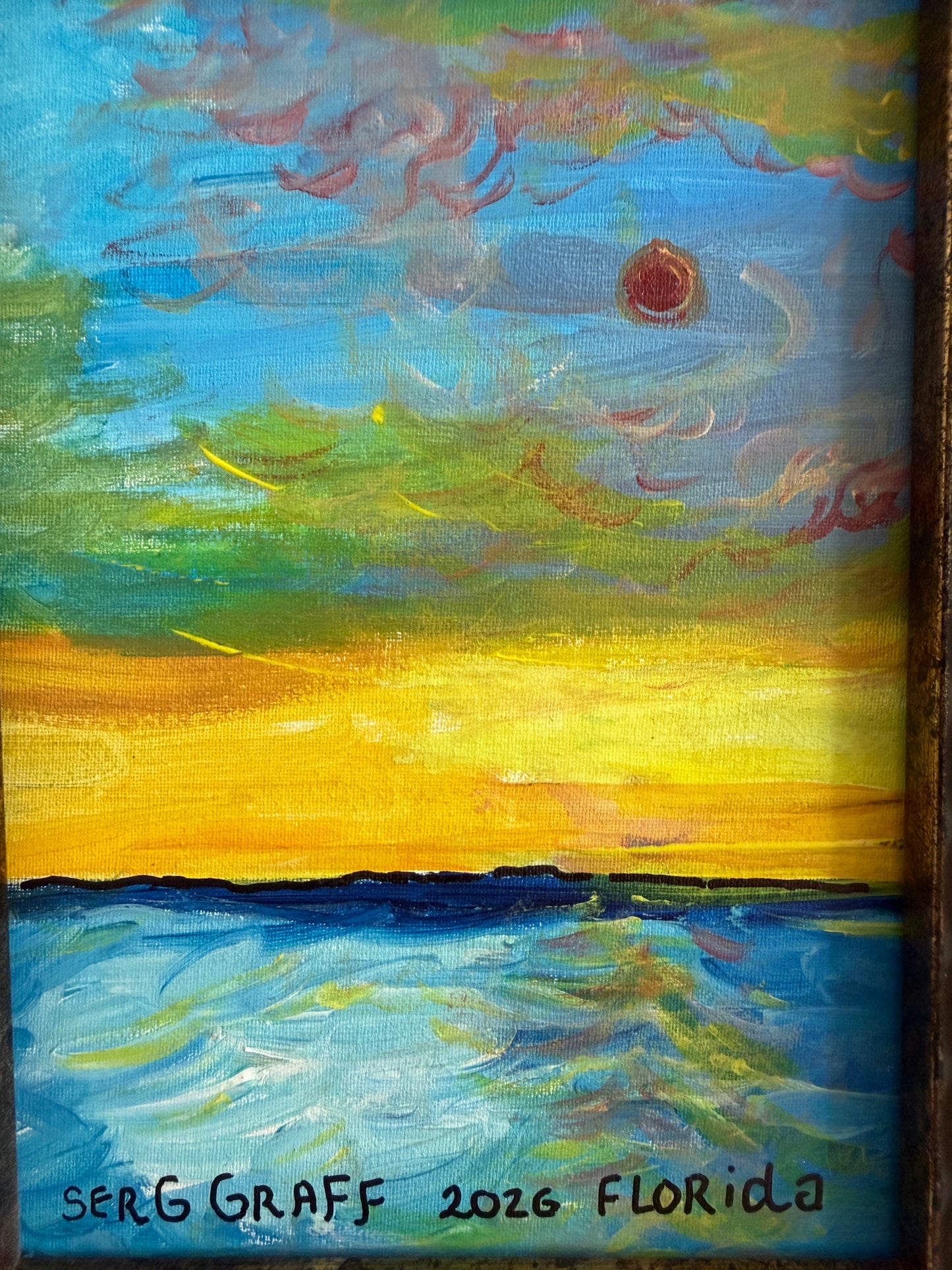 Original Serg Graff Ocean Sunset Acrylic Painting Framed Small Seascape Art