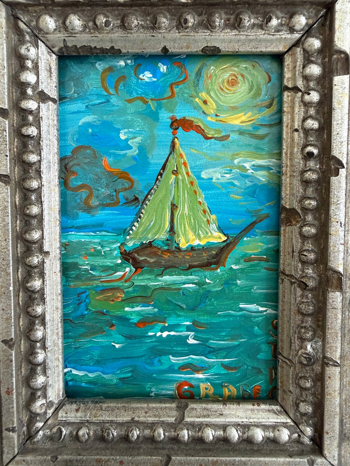 Serg Graff "Clipper "F" Sailing Ship Acrylic Painting Framed Small Nautical Art