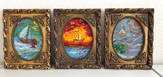 Set of 3 Small Serg Graff Nautical Paintings Framed Sailing Ship Seascapes Art