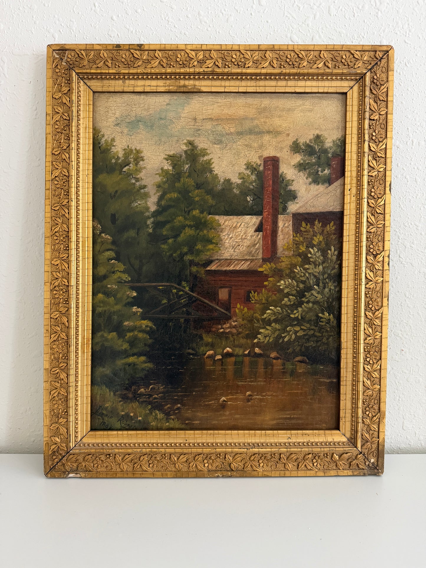 1887 Antique 19 C. American Oil Painting Signed Landscape Shattuck Frame Clamps