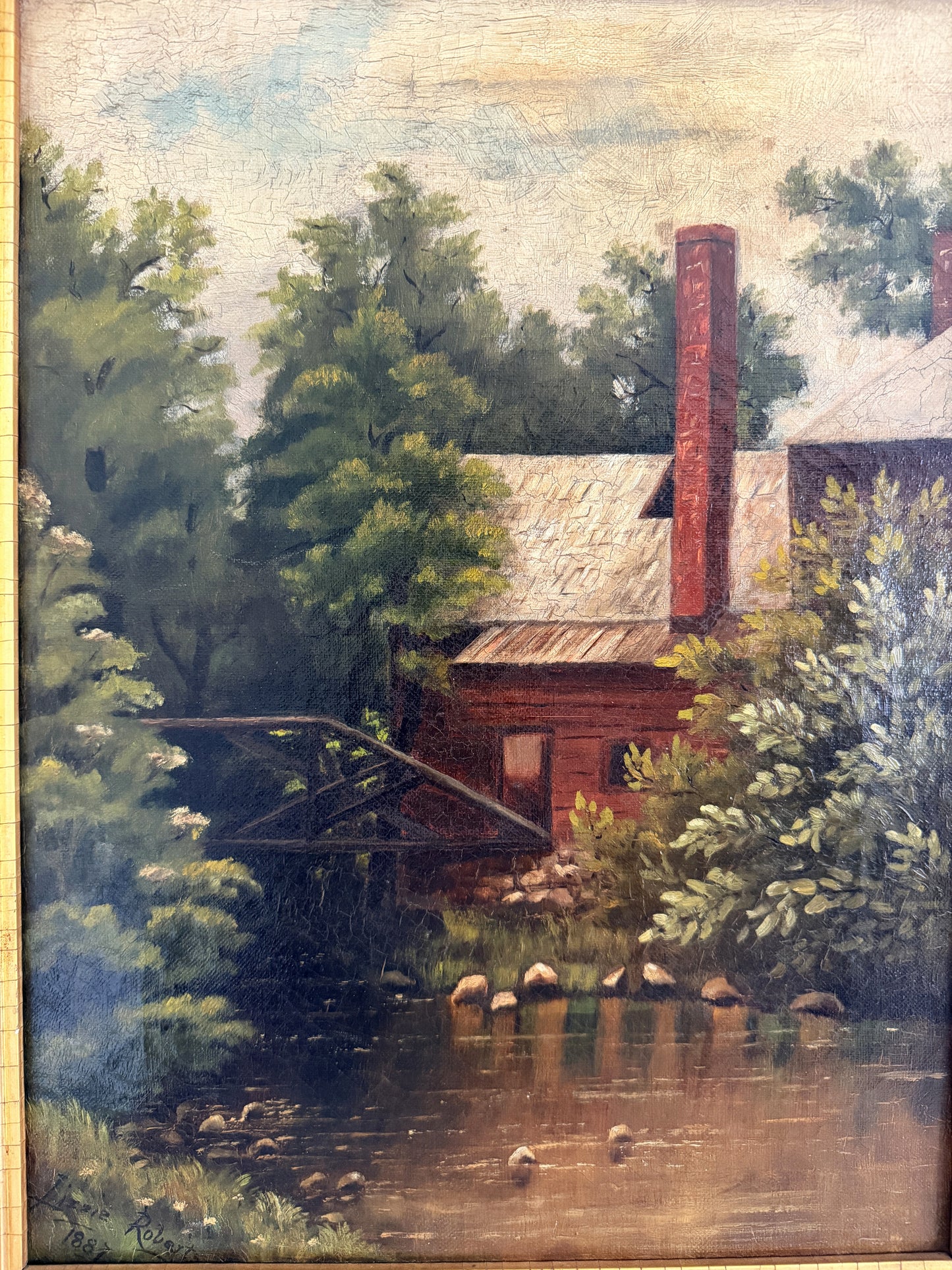 1887 Antique 19 C. American Oil Painting Signed Landscape Shattuck Frame Clamps