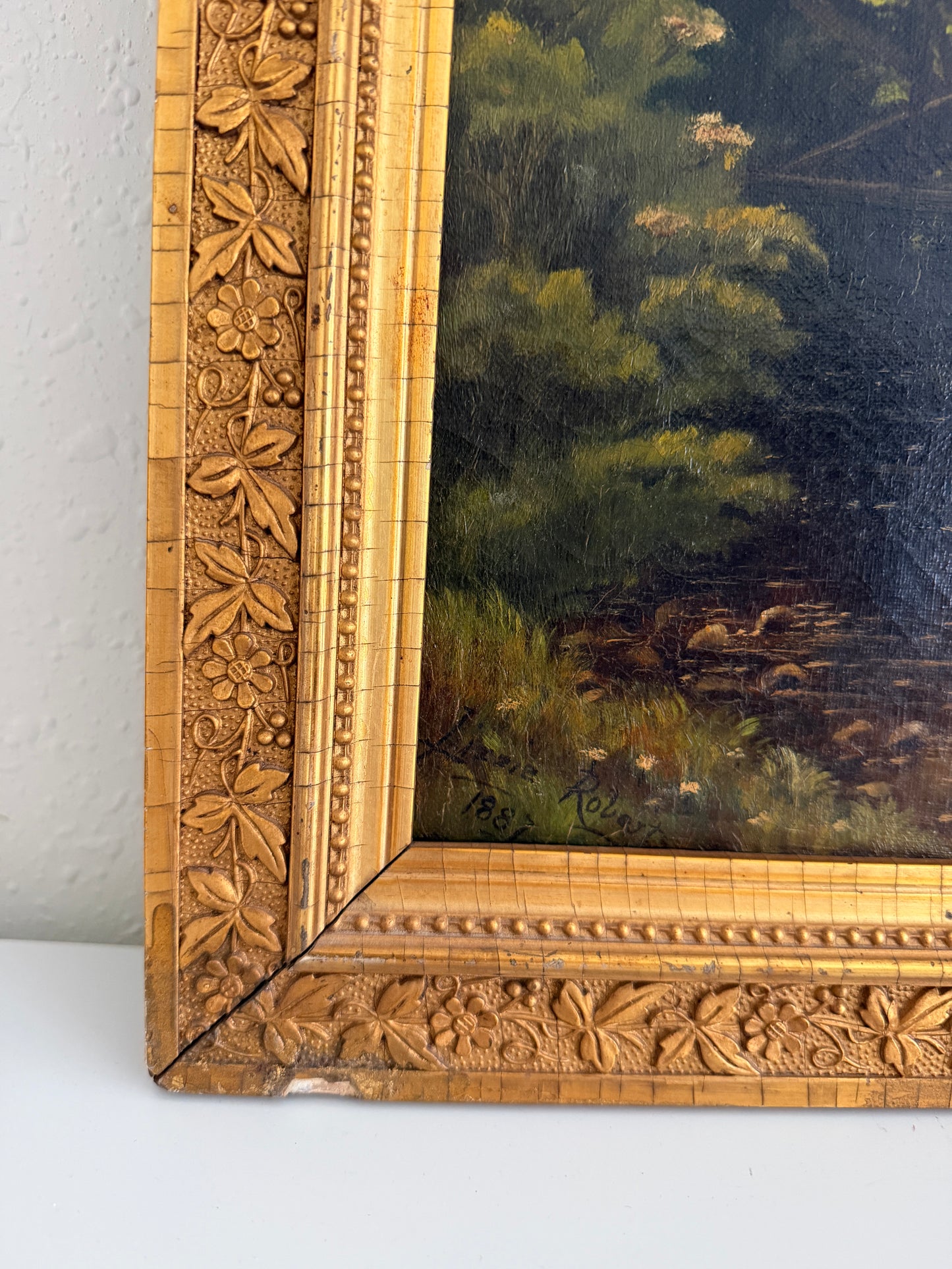1887 Antique 19 C. American Oil Painting Signed Landscape Shattuck Frame Clamps
