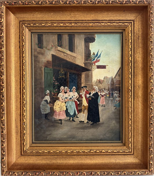 Antique 19th Century French Oil Painting Genre Scene Figures Village Tavern Art