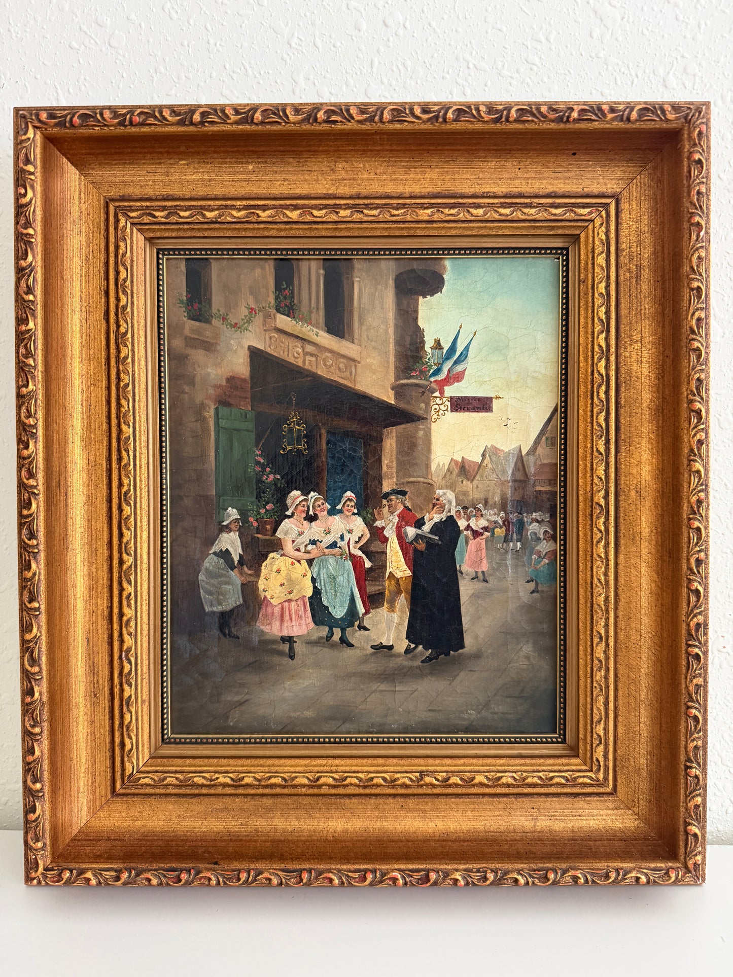 Antique 19th Century French Oil Painting Genre Scene Figures Village Tavern Art