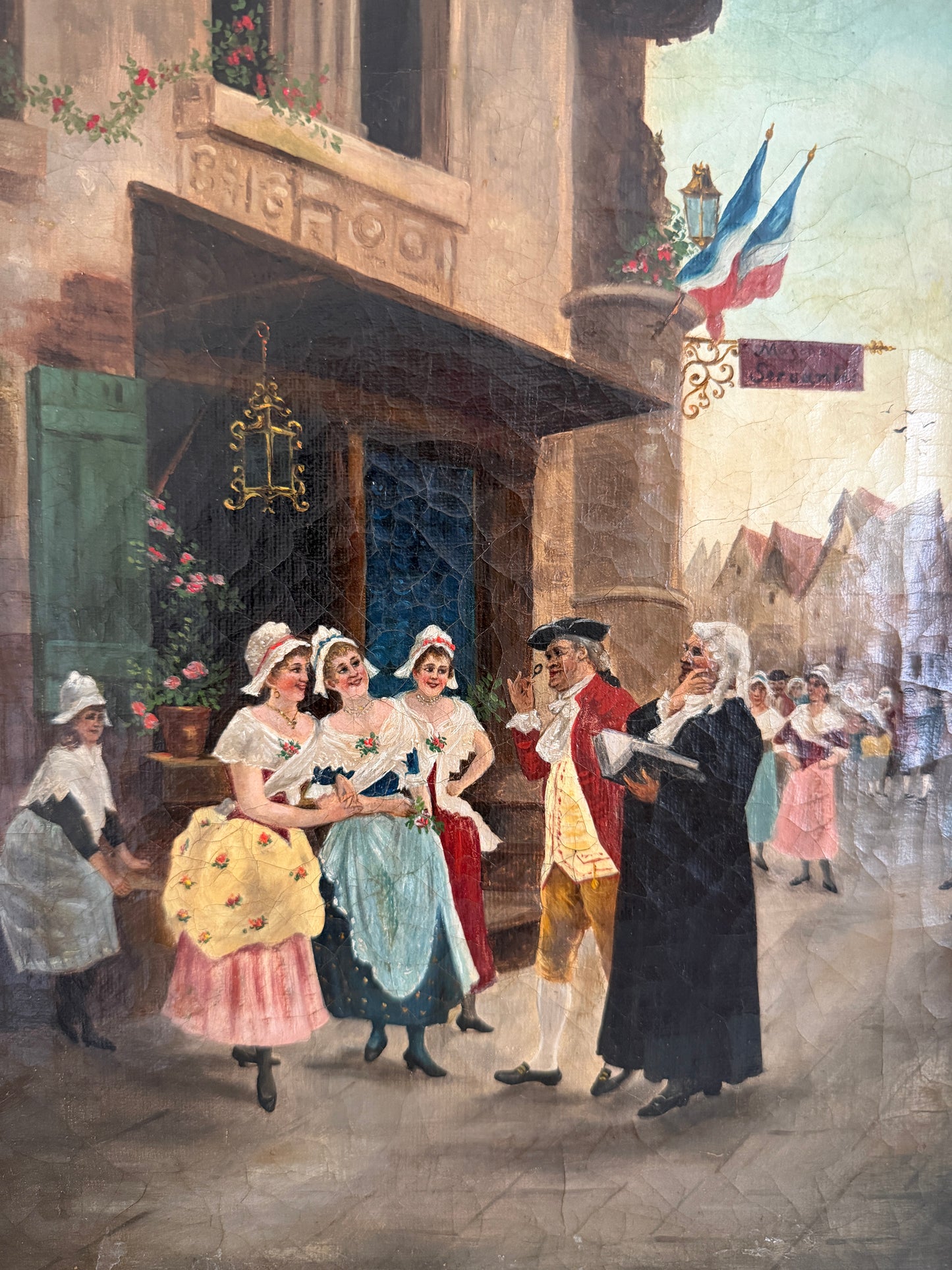 Antique 19th Century French Oil Painting Genre Scene Figures Village Tavern Art