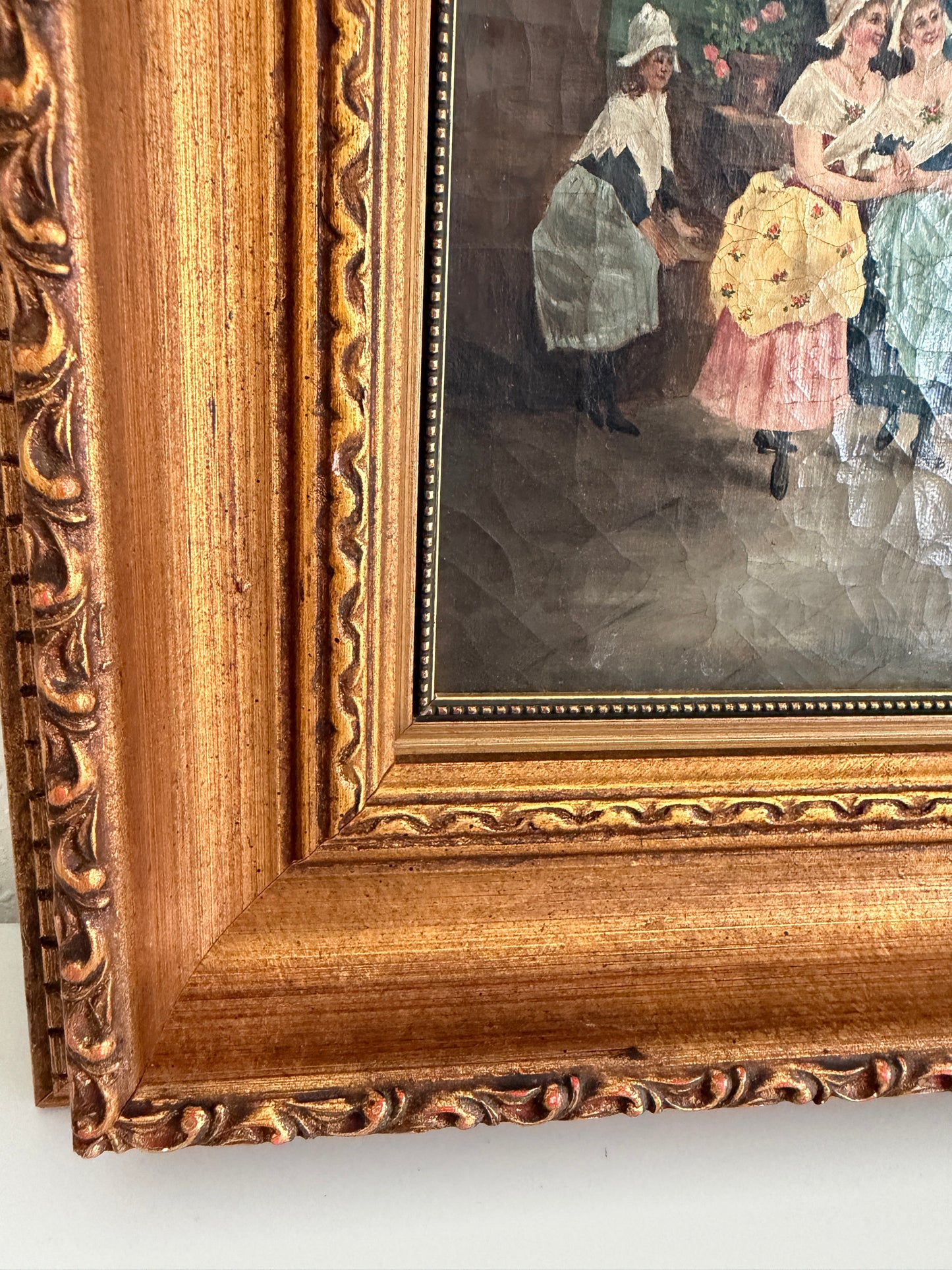 Antique 19th Century French Oil Painting Genre Scene Figures Village Tavern Art