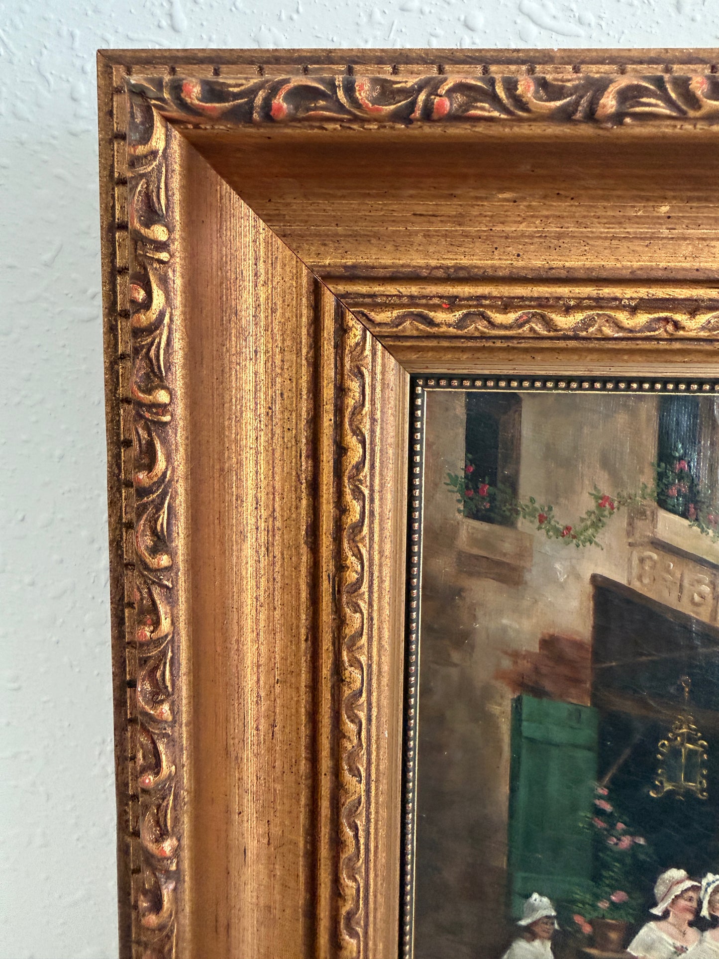 Antique 19th Century French Oil Painting Genre Scene Figures Village Tavern Art