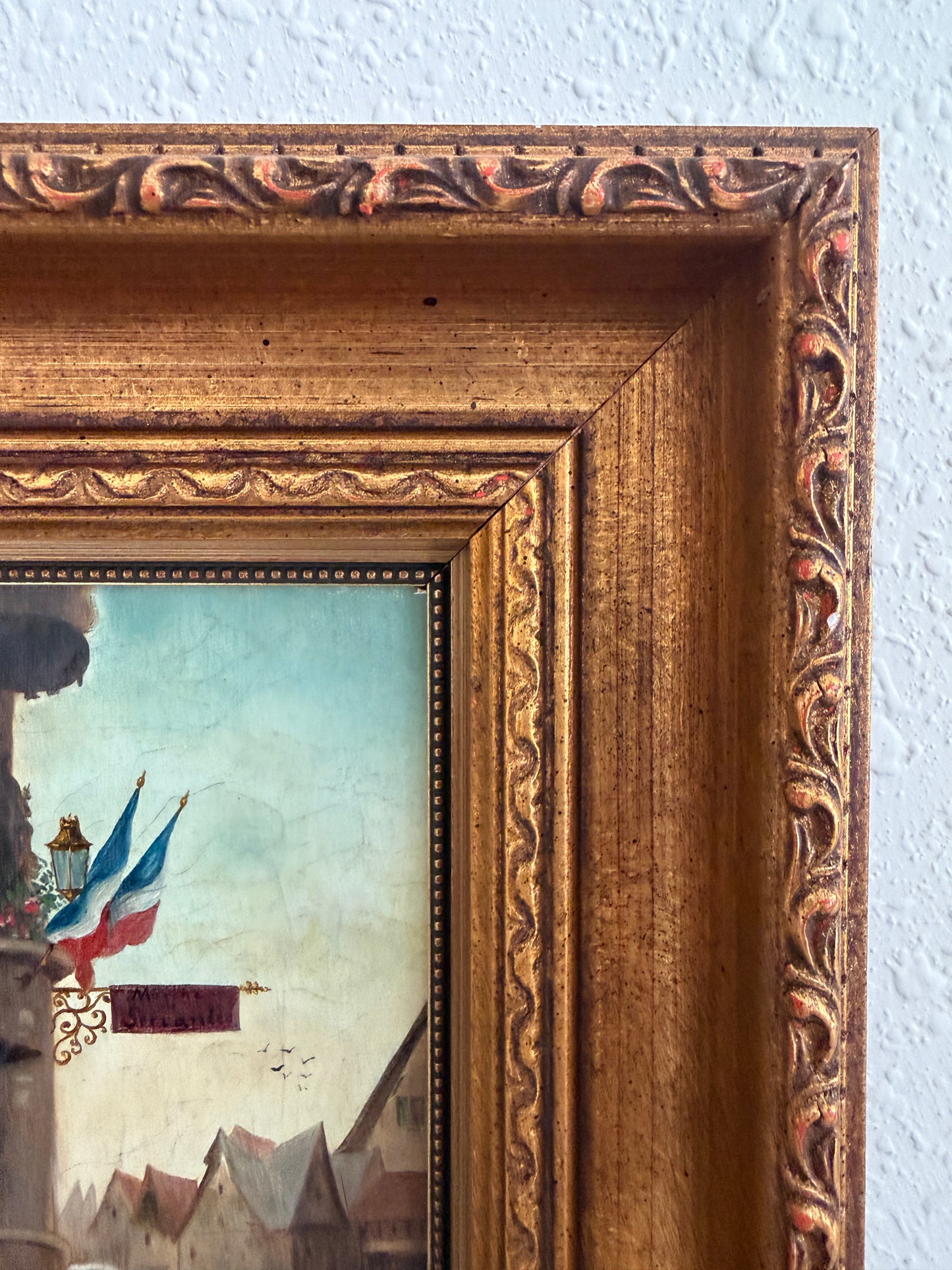 Antique 19th Century French Oil Painting Genre Scene Figures Village Tavern Art