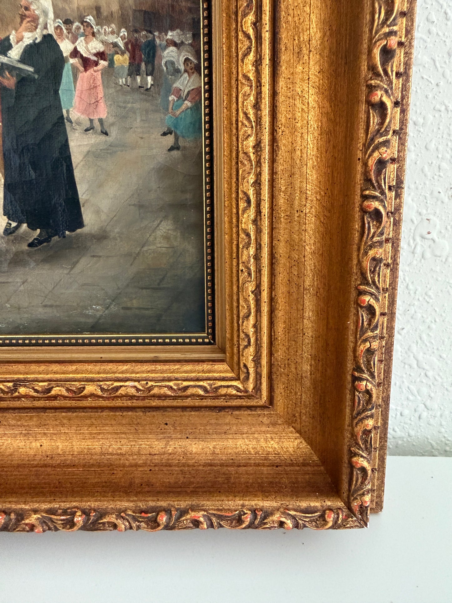 Antique 19th Century French Oil Painting Genre Scene Figures Village Tavern Art