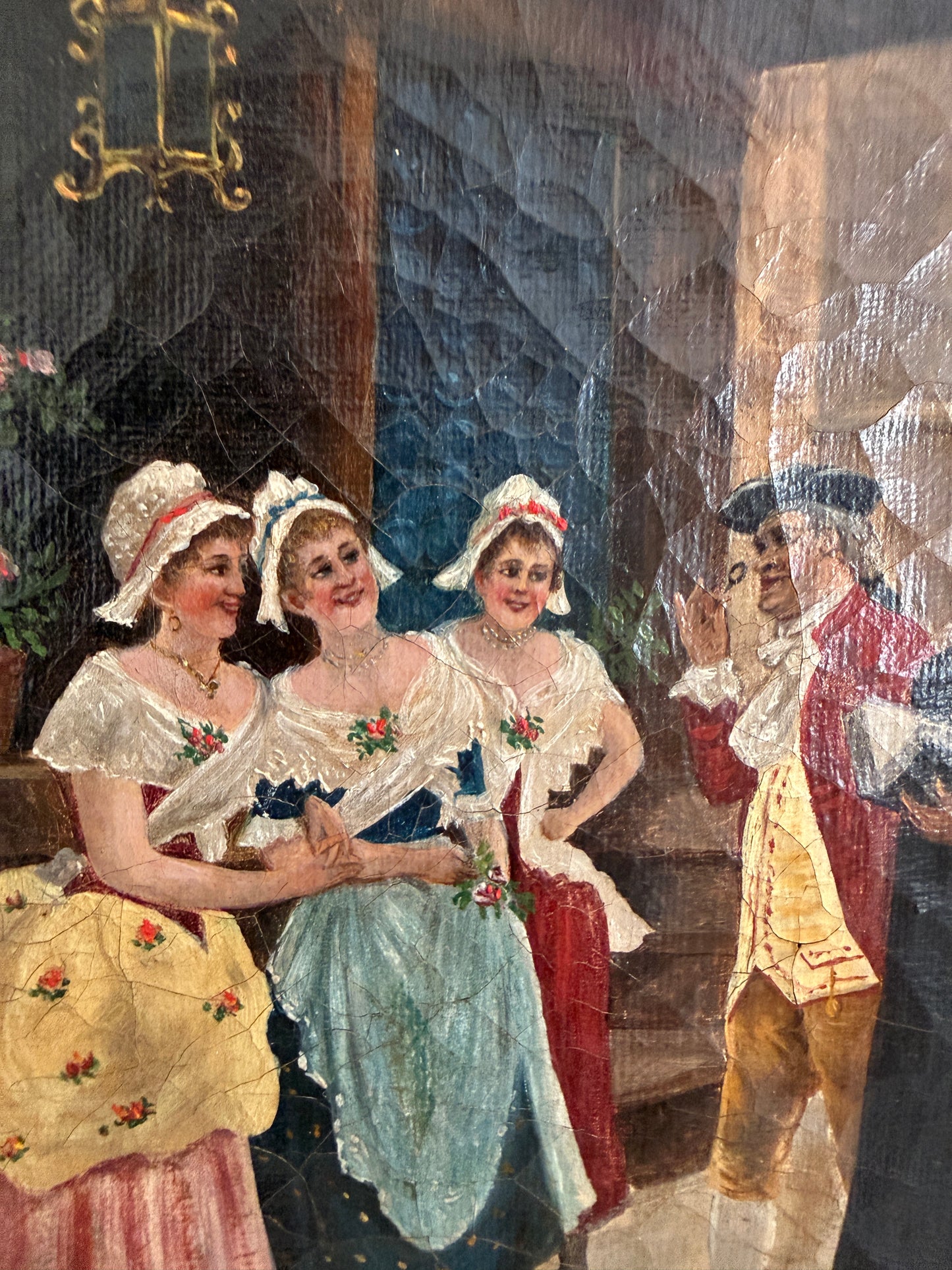 Antique 19th Century French Oil Painting Genre Scene Figures Village Tavern Art