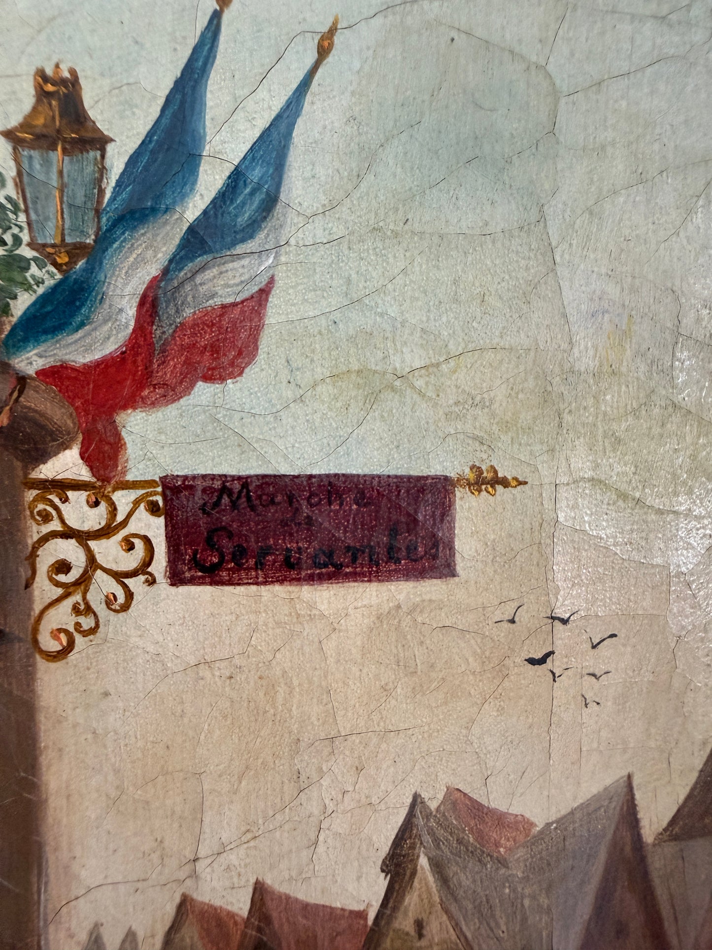 Antique 19th Century French Oil Painting Genre Scene Figures Village Tavern Art