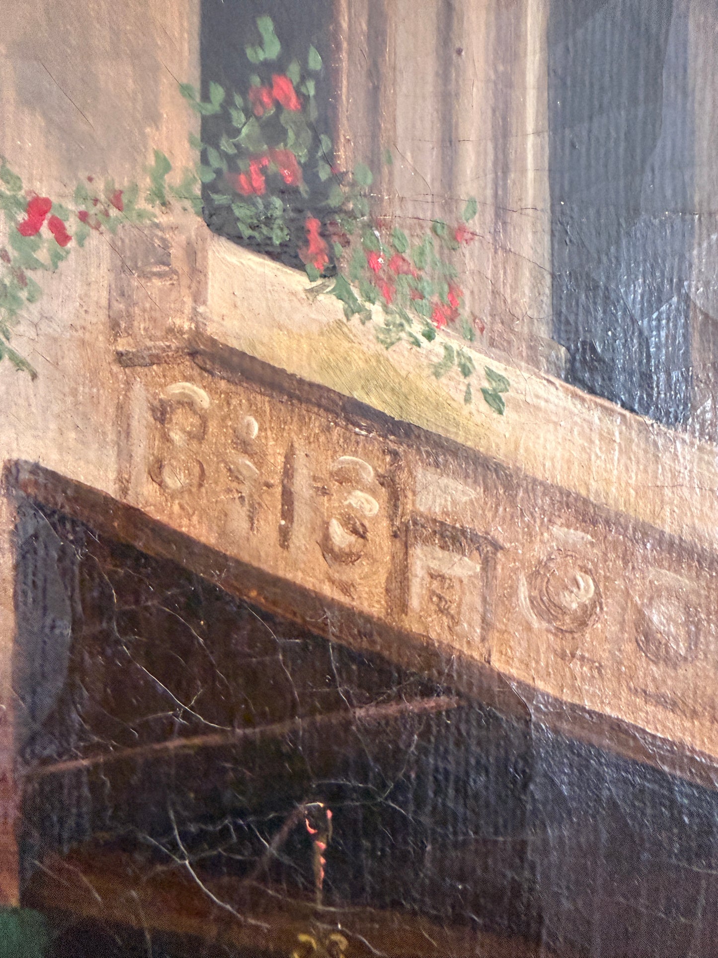 Antique 19th Century French Oil Painting Genre Scene Figures Village Tavern Art