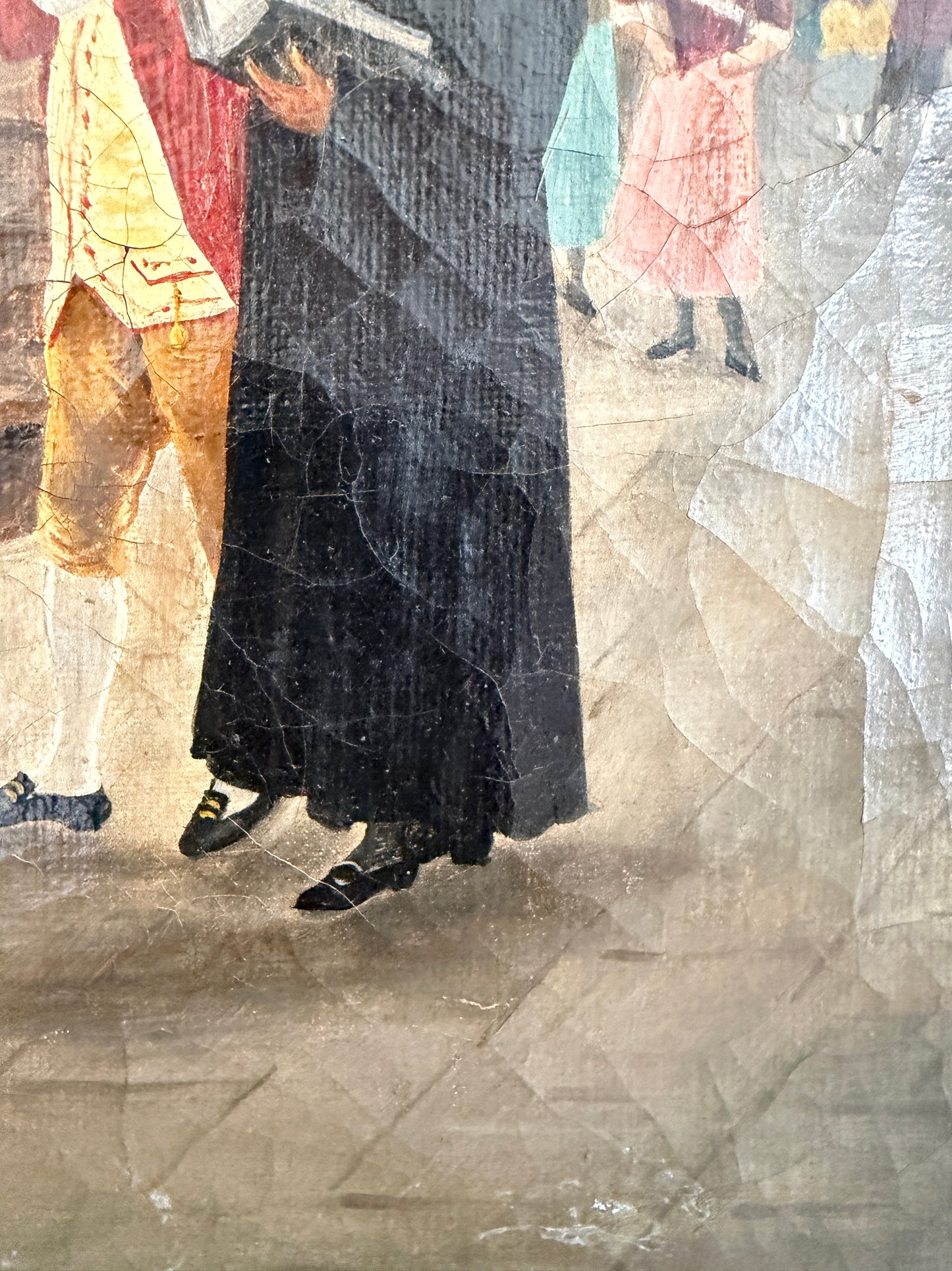 Antique 19th Century French Oil Painting Genre Scene Figures Village Tavern Art