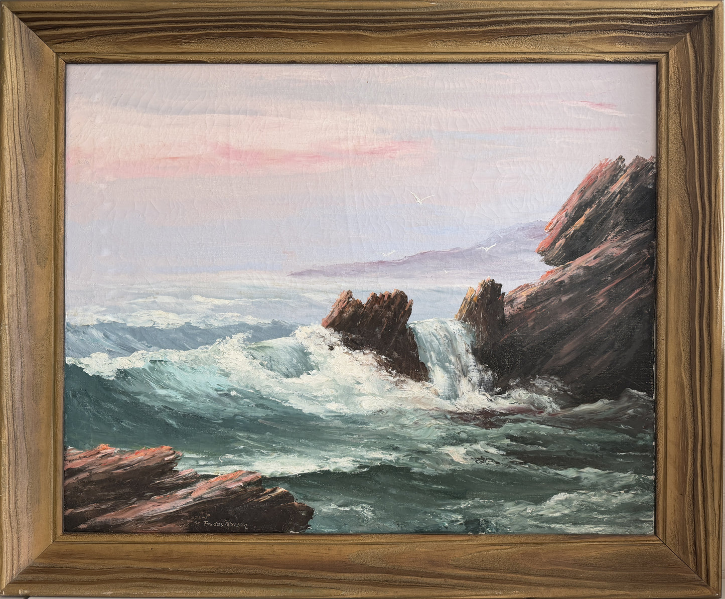 Framed Vtg Oil Painting Seascape Signed Theddy Peterson Coastal Waves Rocks Art