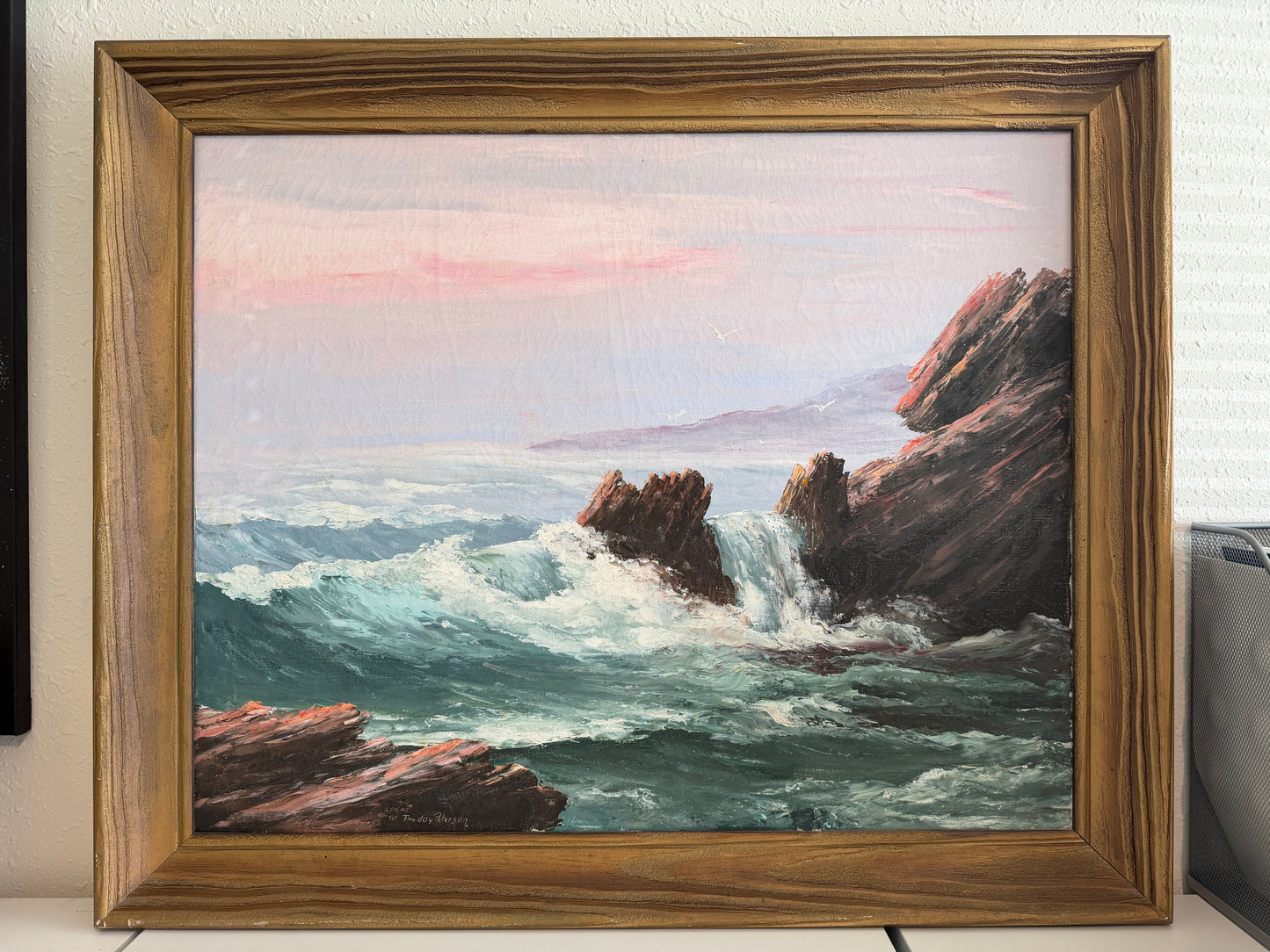Framed Vtg Oil Painting Seascape Signed Theddy Peterson Coastal Waves Rocks Art