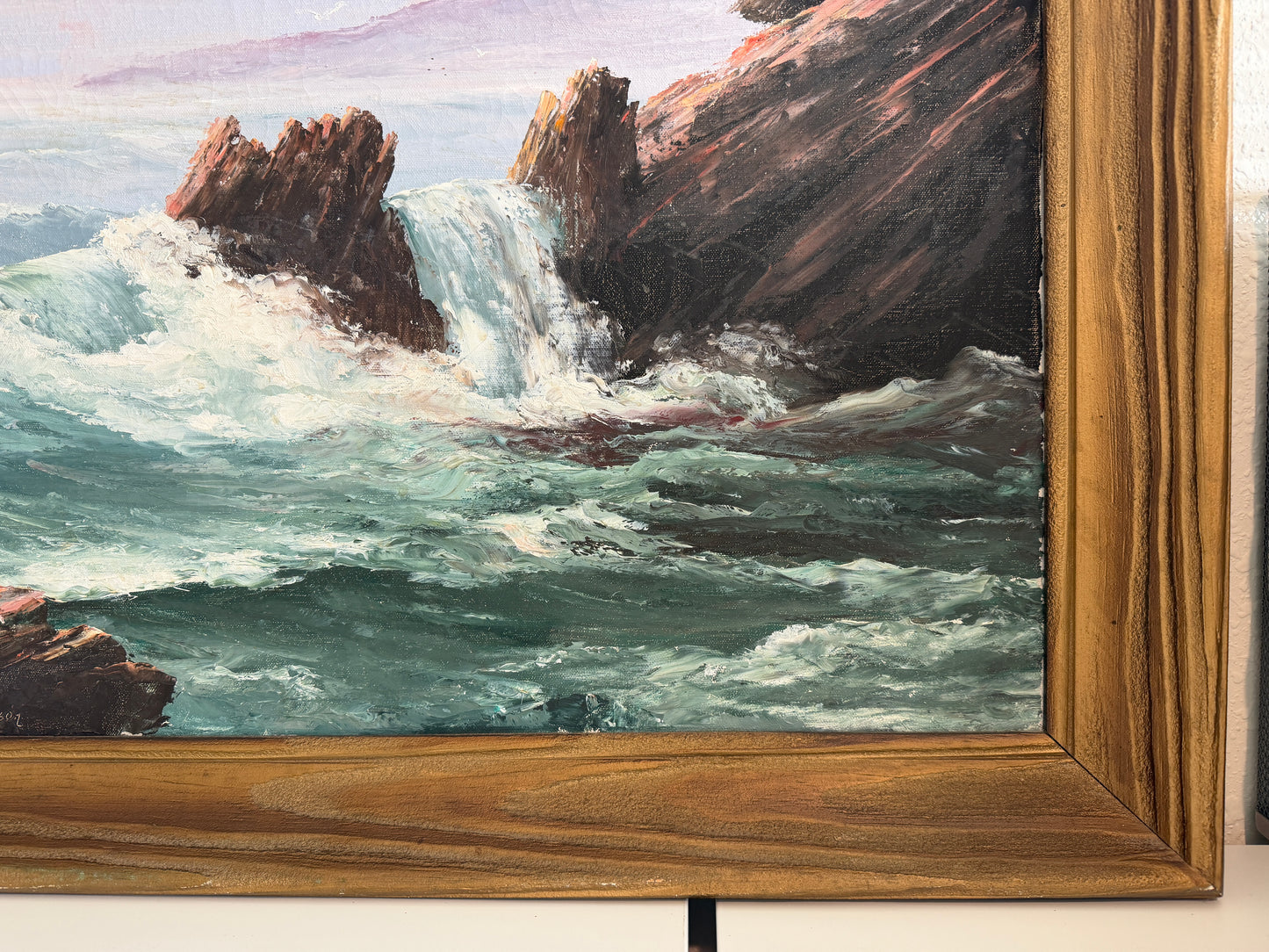 Framed Vtg Oil Painting Seascape Signed Theddy Peterson Coastal Waves Rocks Art