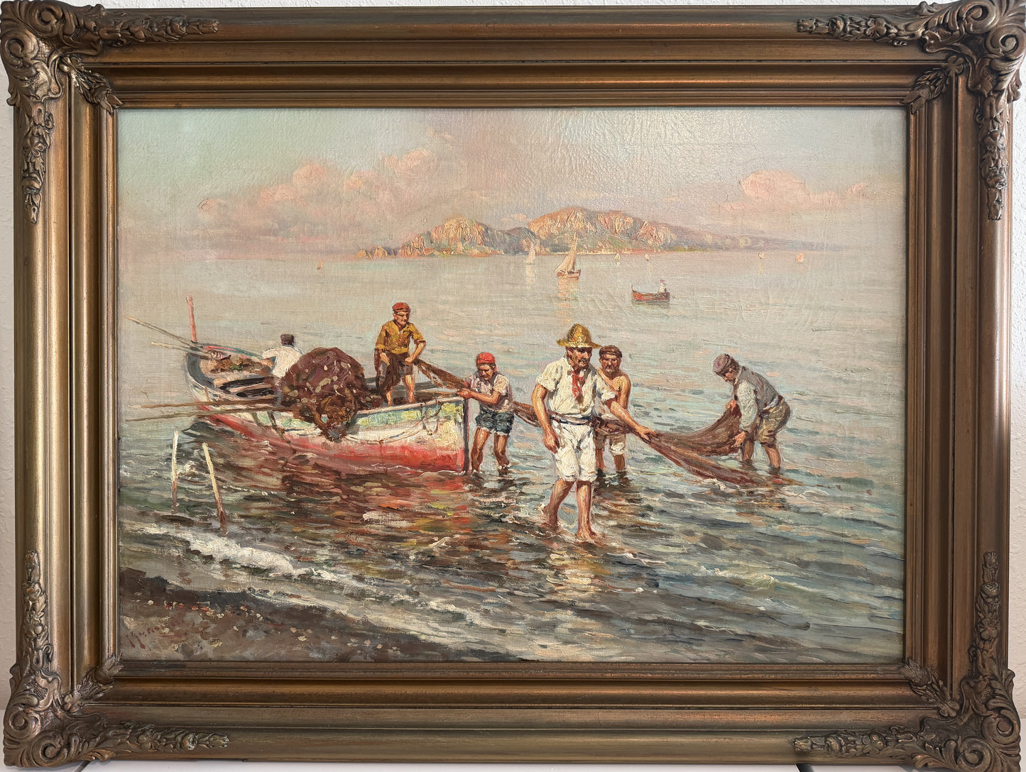 GIUSEPPE GIARDIELLO (Italia 1870-1920) Antique Oil Painting Fishermen Seascape
