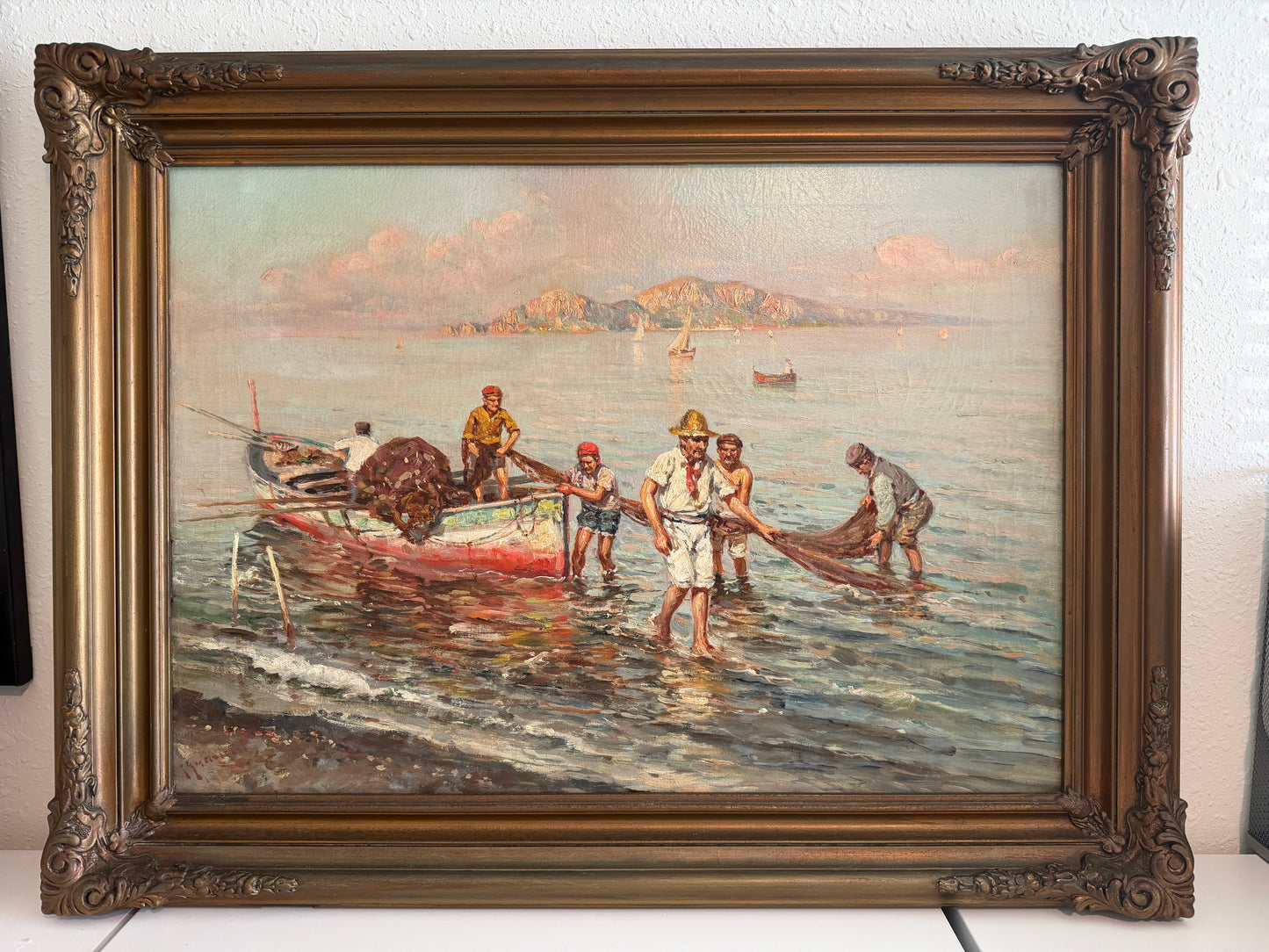 GIUSEPPE GIARDIELLO (Italia 1870-1920) Antique Oil Painting Fishermen Seascape
