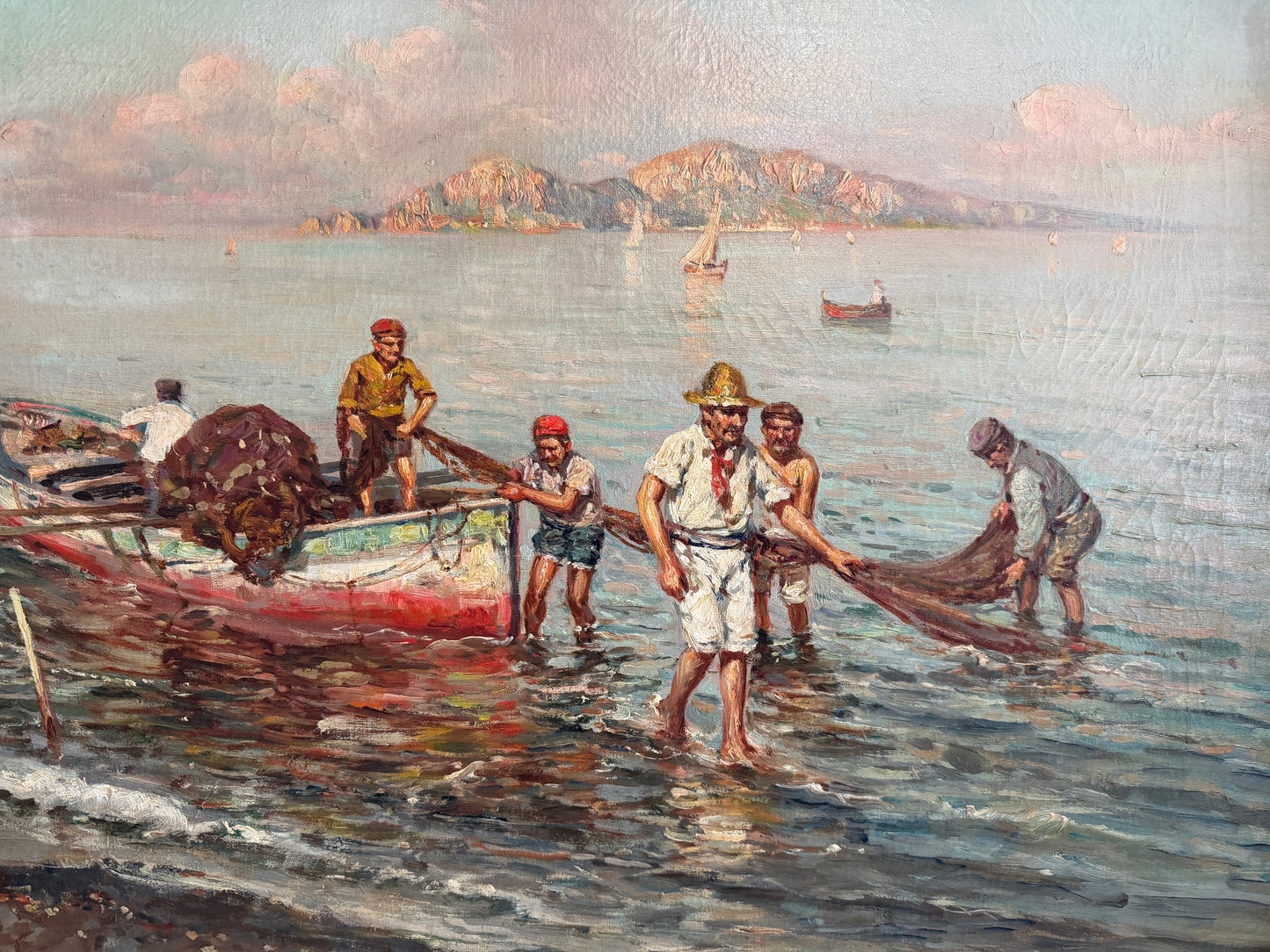 GIUSEPPE GIARDIELLO (Italia 1870-1920) Antique Oil Painting Fishermen Seascape