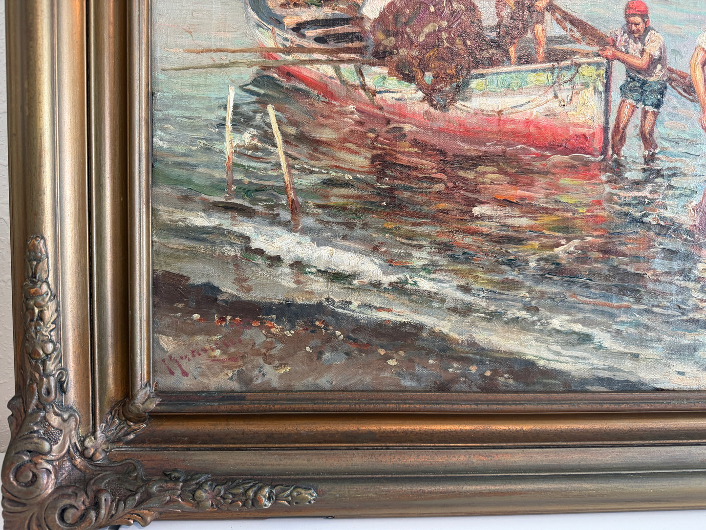 GIUSEPPE GIARDIELLO (Italia 1870-1920) Antique Oil Painting Fishermen Seascape