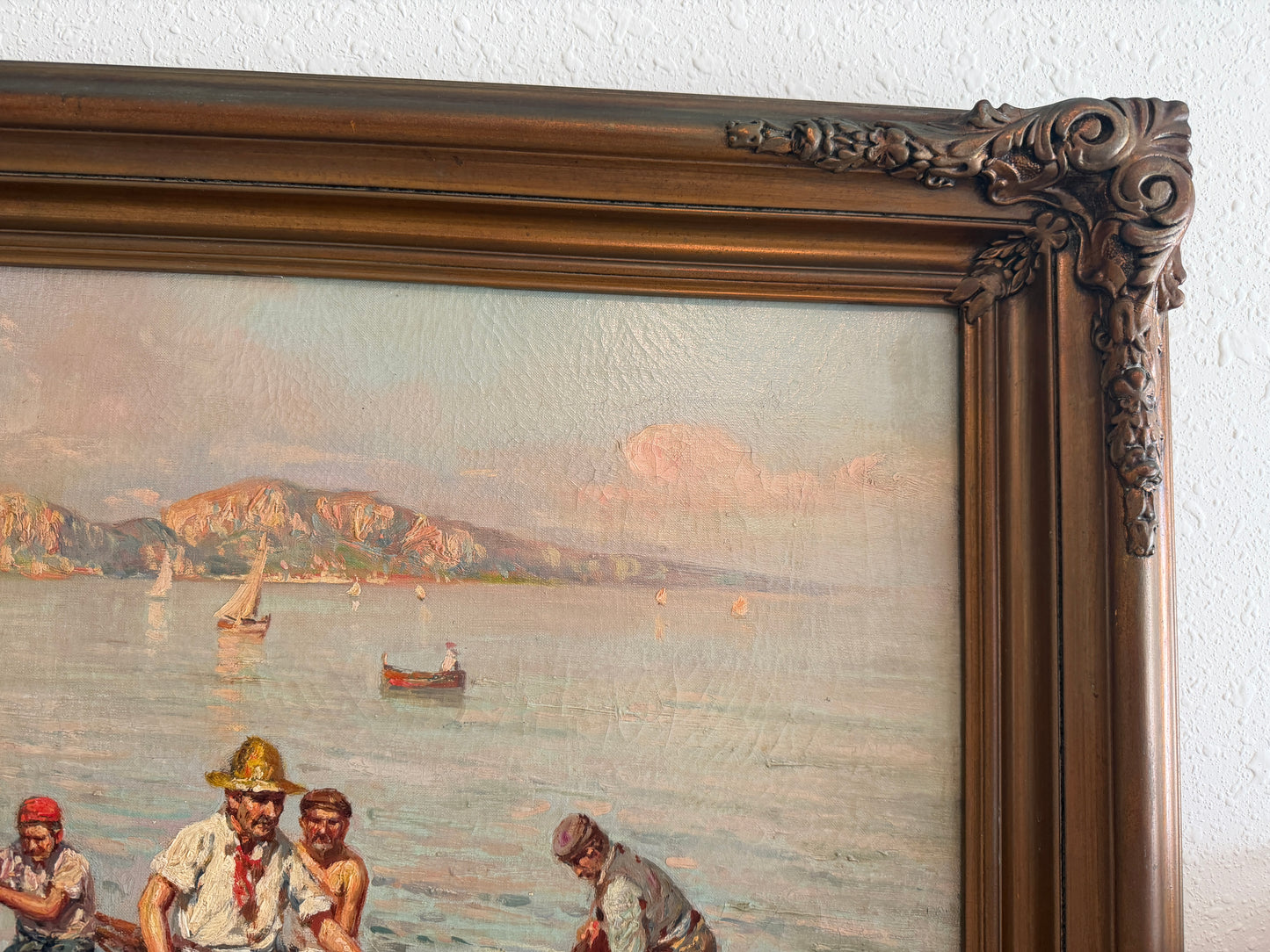 GIUSEPPE GIARDIELLO (Italia 1870-1920) Antique Oil Painting Fishermen Seascape