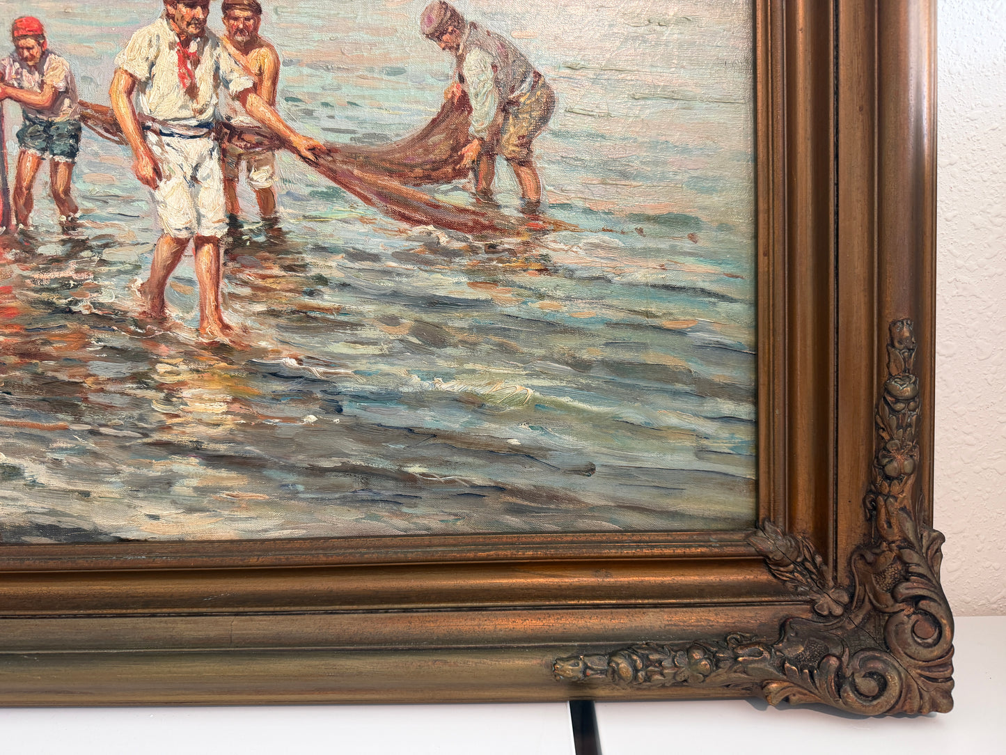 GIUSEPPE GIARDIELLO (Italia 1870-1920) Antique Oil Painting Fishermen Seascape