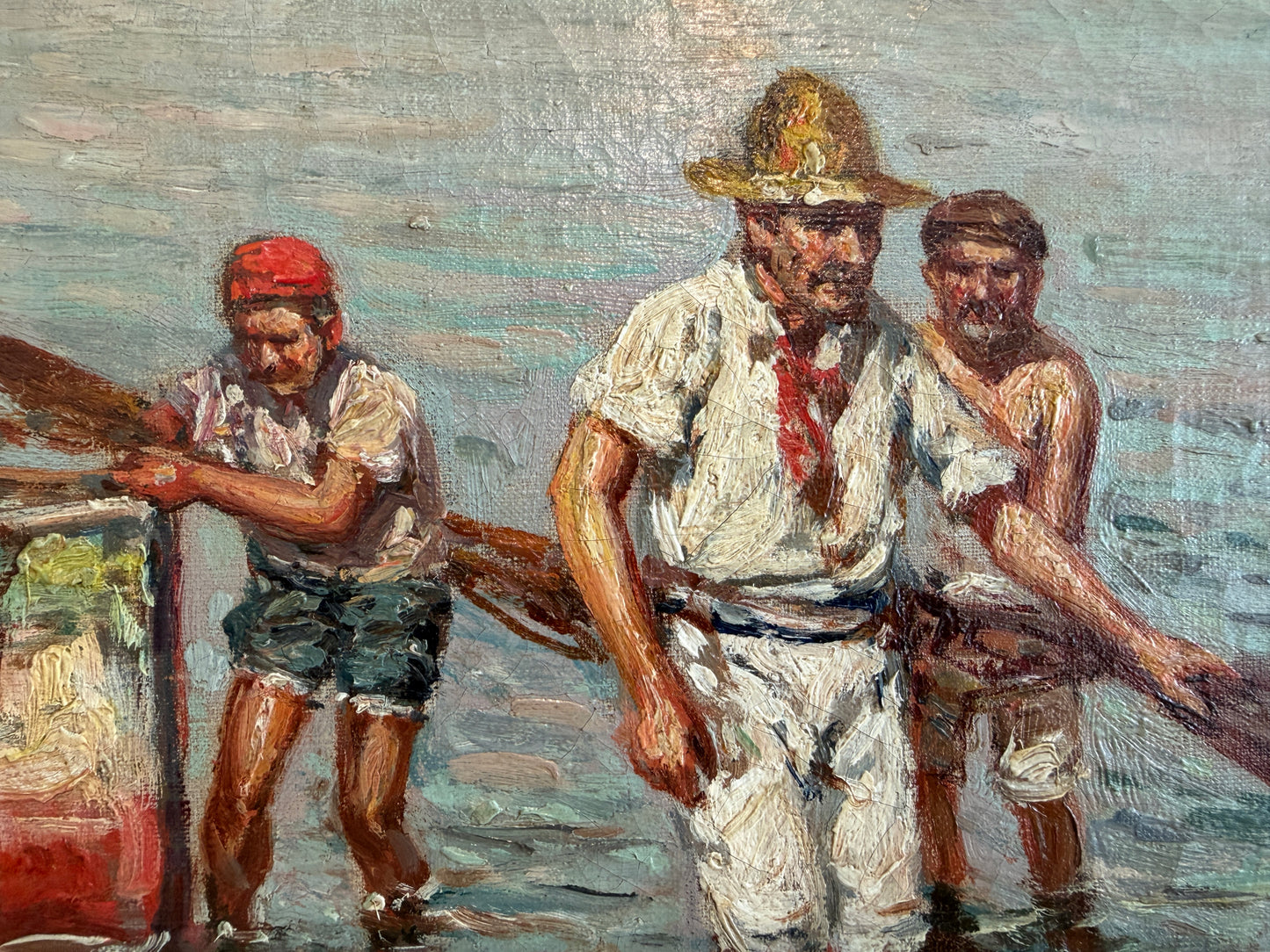 GIUSEPPE GIARDIELLO (Italia 1870-1920) Antique Oil Painting Fishermen Seascape