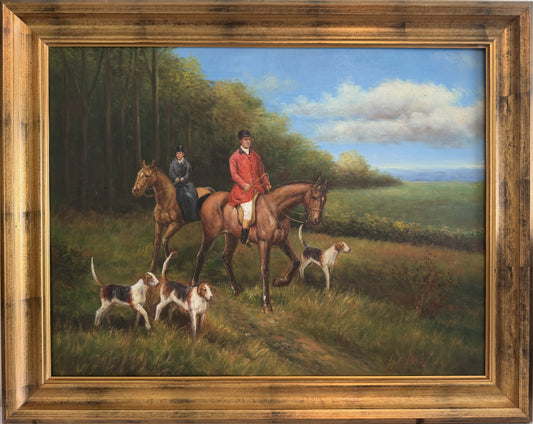 Oil Painting English Fox Hunt Horses Hounds Hunting Scene Landscape Art