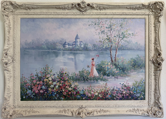 J. Snider Large Oil Painting Impressionist Woman Garden Lake Landscape Art