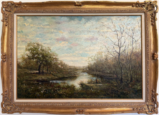 Large Vintage Oil Painting River Landscape Signed E. Lawson, Gold Ornate Frame