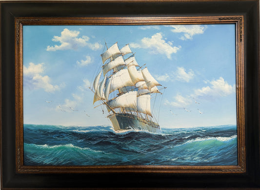 Large Original Marine Oil Painting Tall Ship on Open Sea Nautical Seascape