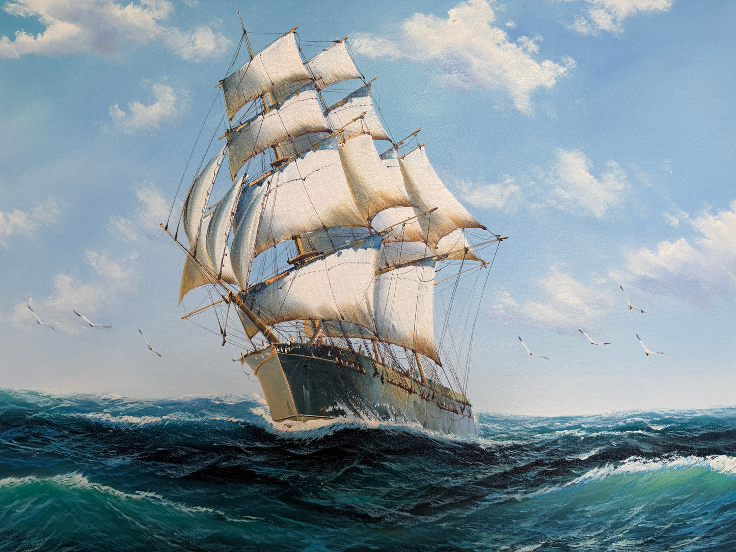 Large Original Marine Oil Painting Tall Ship on Open Sea Nautical Seascape