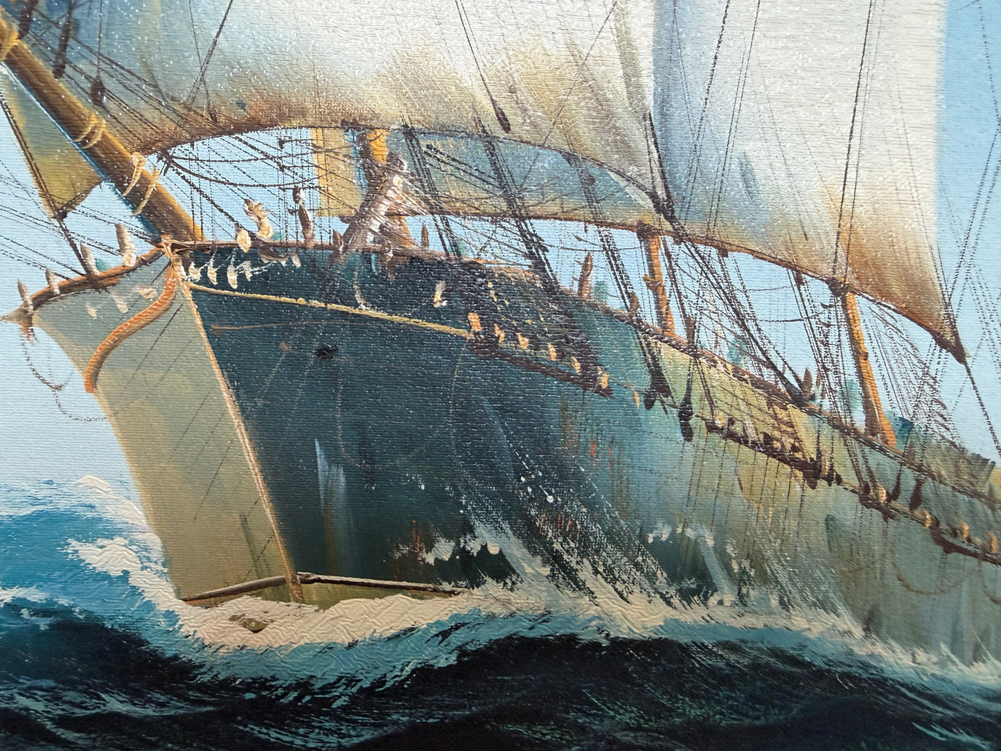 Large Original Marine Oil Painting Tall Ship on Open Sea Nautical Seascape