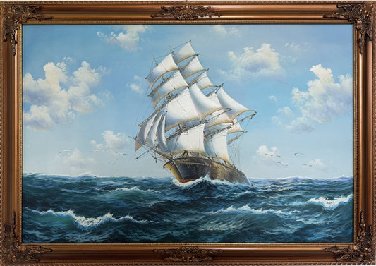 Large Original Vintage Oil Painting Sailing Ship Seascape Marine Art Framed