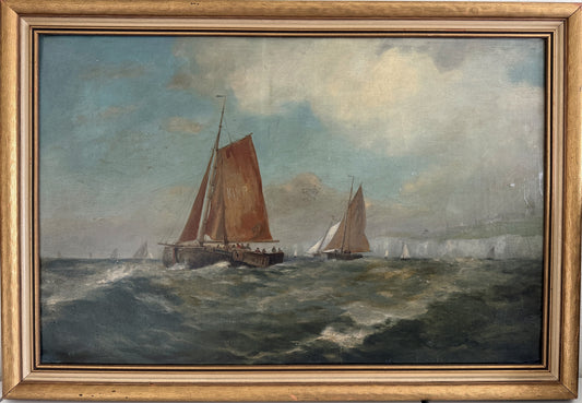 Antique Oil Painting Dutch Marine Seascape Sailing Boats Coastal Scene Unsigned