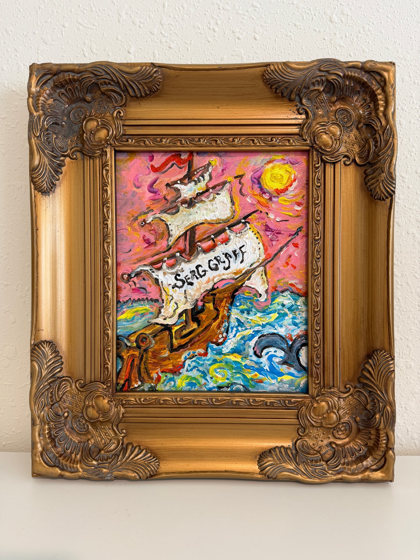 Serg Graff Original “Dolpharus” Acrylic Ship Painting | Gold Frame | Nautical