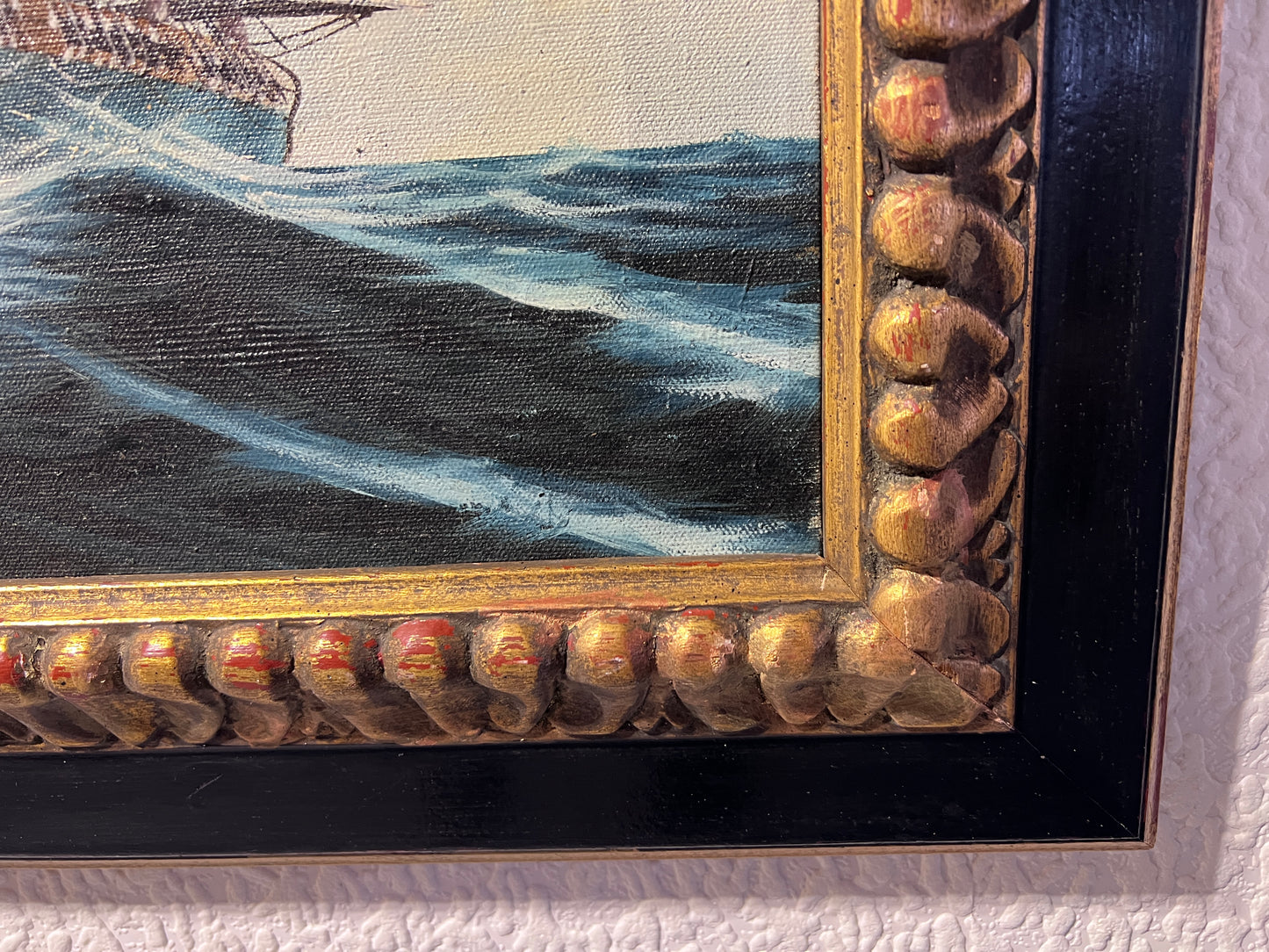 Vintage Oil painting on canvas, seascape, Sailing Ships, T. Orcelli, framed