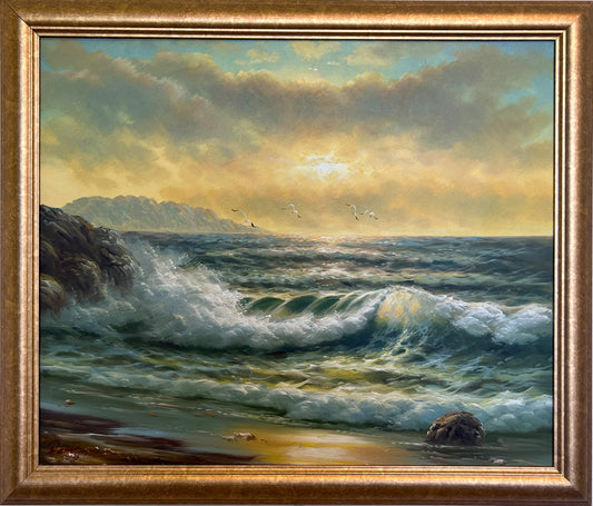 Coastal Landscape Oil Painting, Seascape with Rocks and Sunset, Framed, Signed