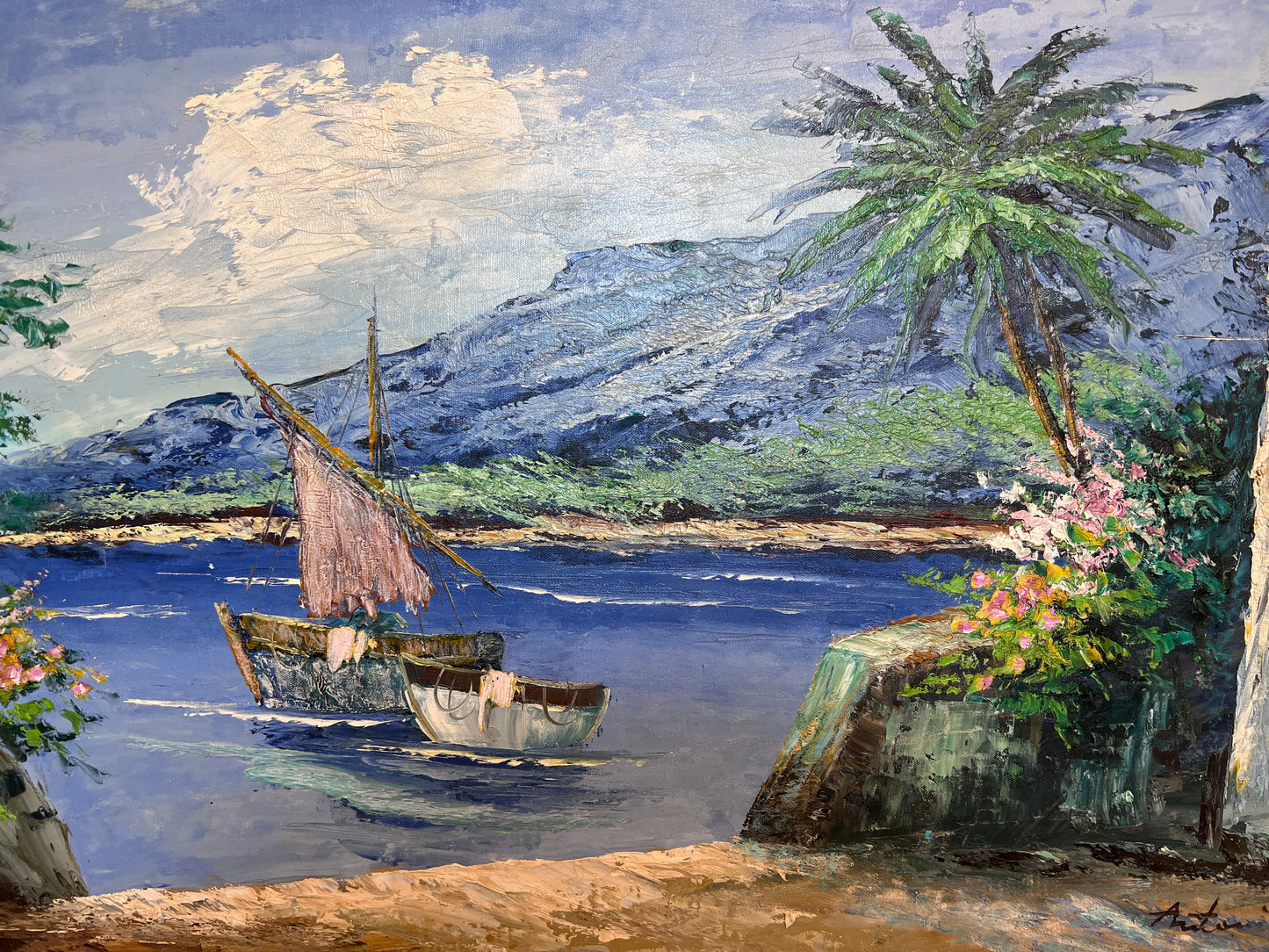 Antoniou Signed Original Oil Painting Seascape, Coastal Scene Framed Vintage Art