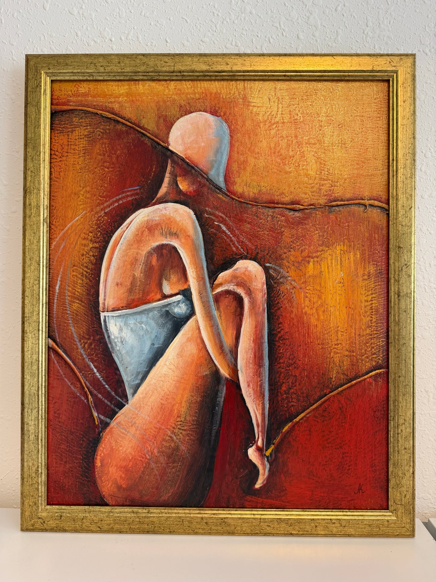 Original Abstract Figure Oil Painting Alena Kalen "Warm Solitude" Framed, COA