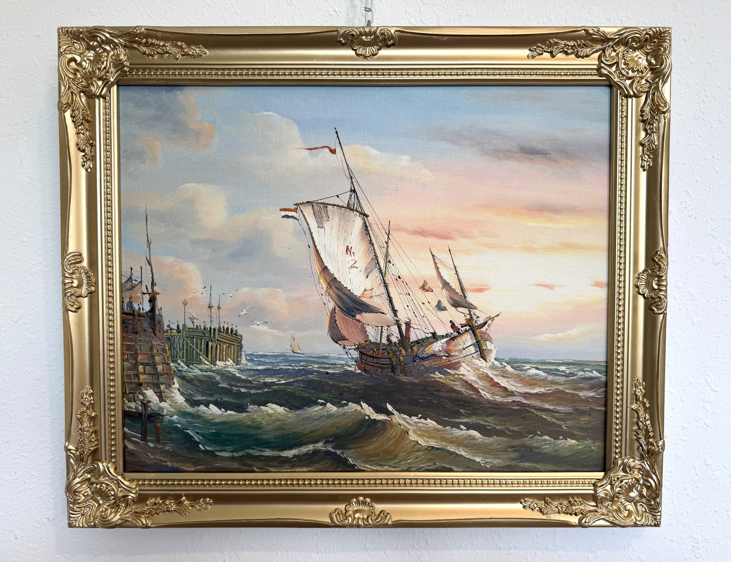 Original Oil Painting Sailing Boat Harbor Storm Seascape Nautical Art Framed