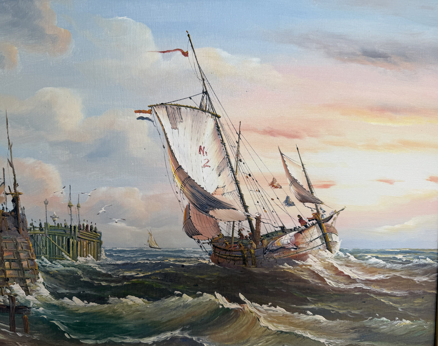 Original Oil Painting Sailing Boat Harbor Storm Seascape Nautical Art Framed