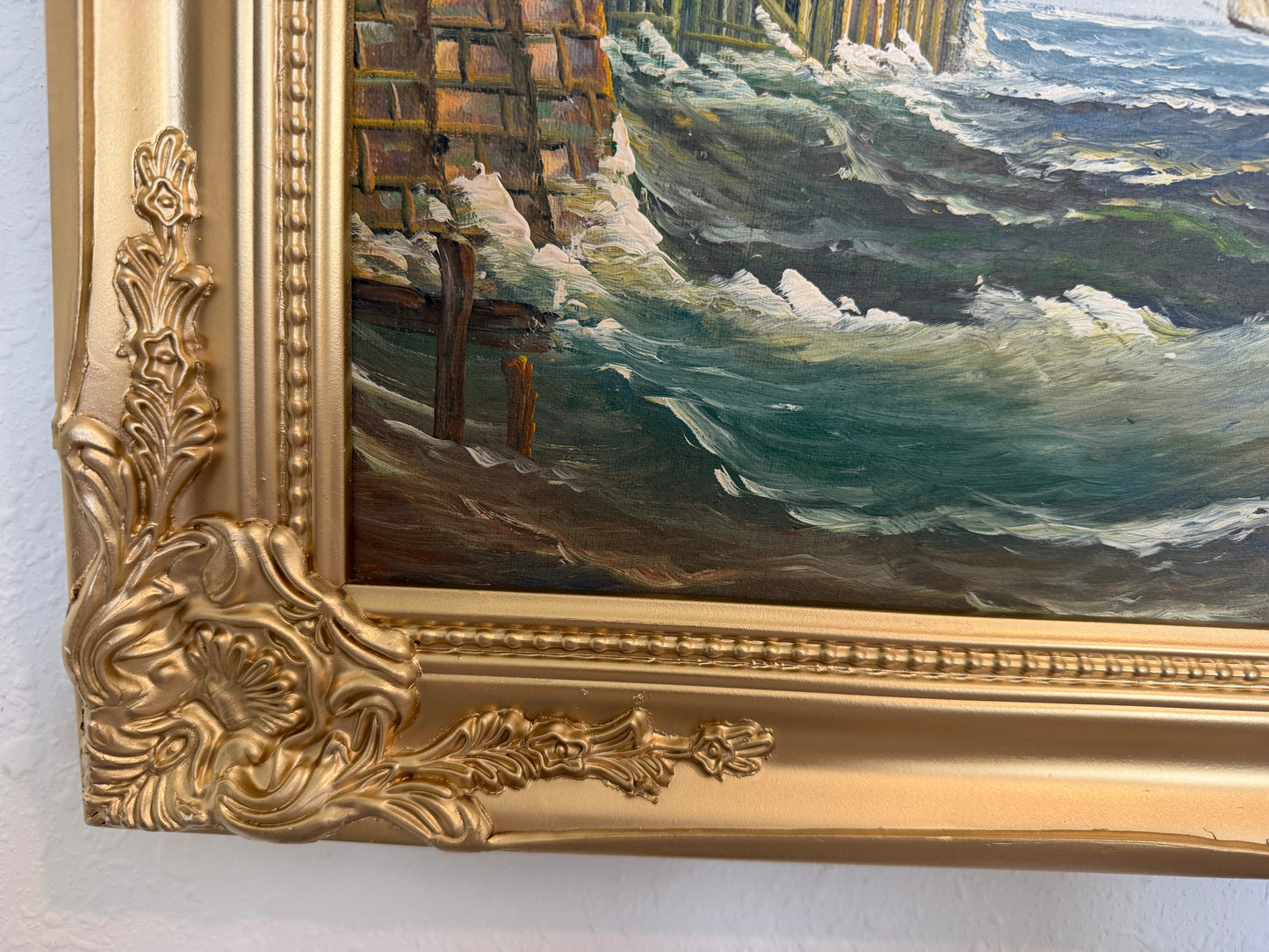 Original Oil Painting Sailing Boat Harbor Storm Seascape Nautical Art Framed